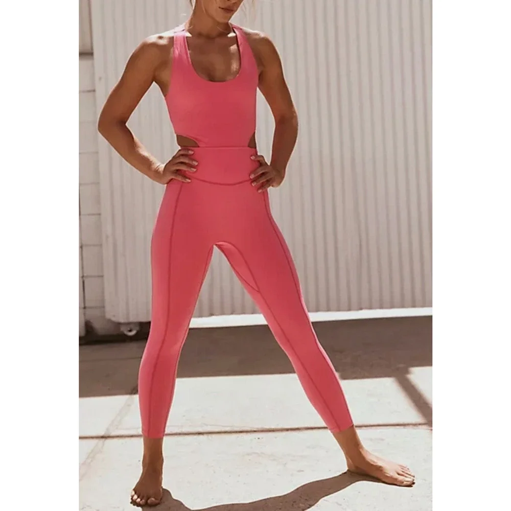 NEW FREE PEOPLE FP MOVEMENT PINK BACK IT UP ONE PIECE JUMPSUIT SZ XS